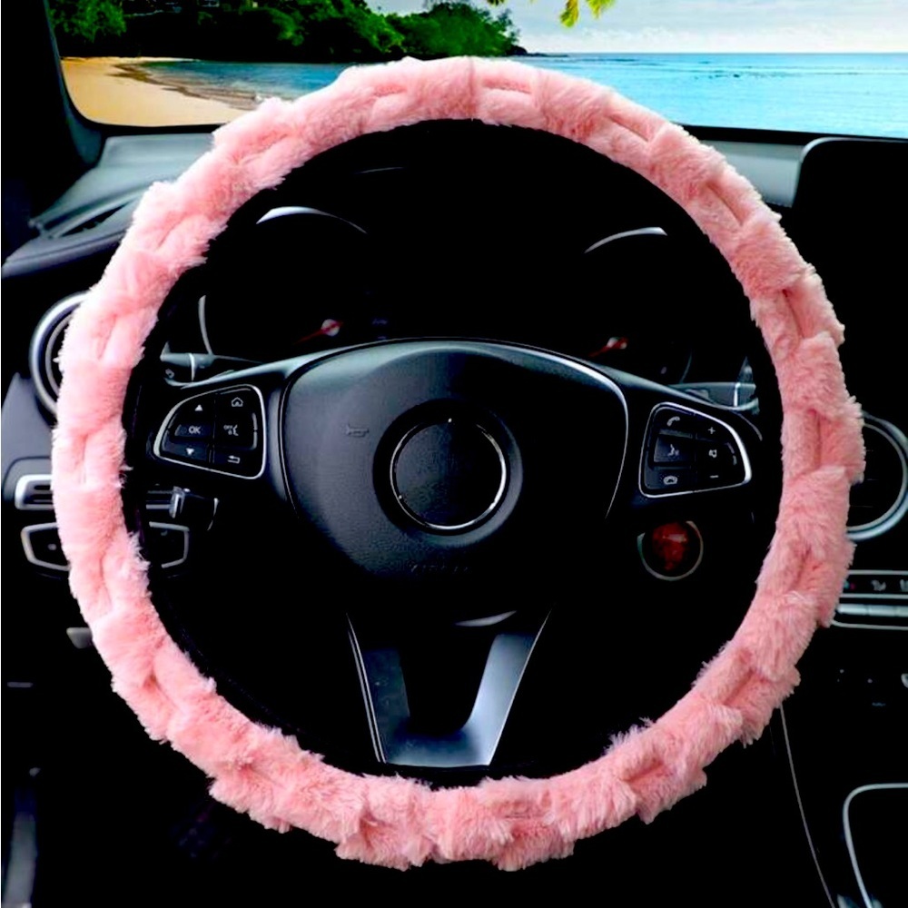 Pink Checkered Fluff Steering Wheel Cover NWT